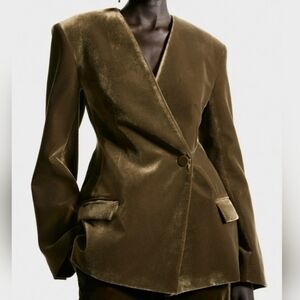XS M L H&M Holiday 2025 Velvet Jacket Blazer 1319786001 Dark Khaki Green New